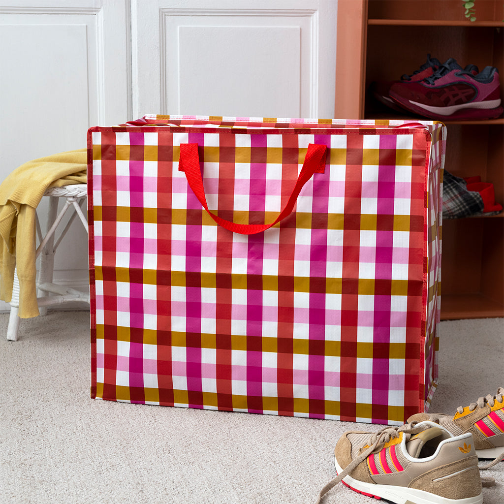 Rex London Jumbo Opbergtas Pink Gingham β XXL Verhuistas met Rits β Grote Opbergzak voor Was, Beddengoed & Opslag