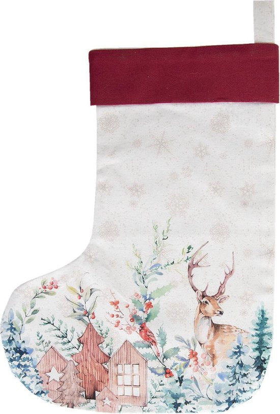 Clayre & Eef Kerstsok Decoratie 30*40 cm Wit Rood Katoen Kerst Kerstsok Kerstsok openhaard