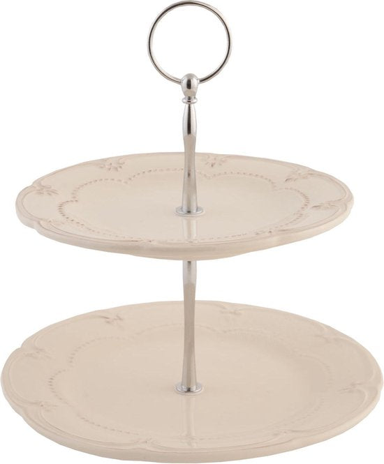 Clayre & Eef Etagère 2 laags 23 cm Beige Keramiek Rond Roosjes Taartplateau Serveerschaal