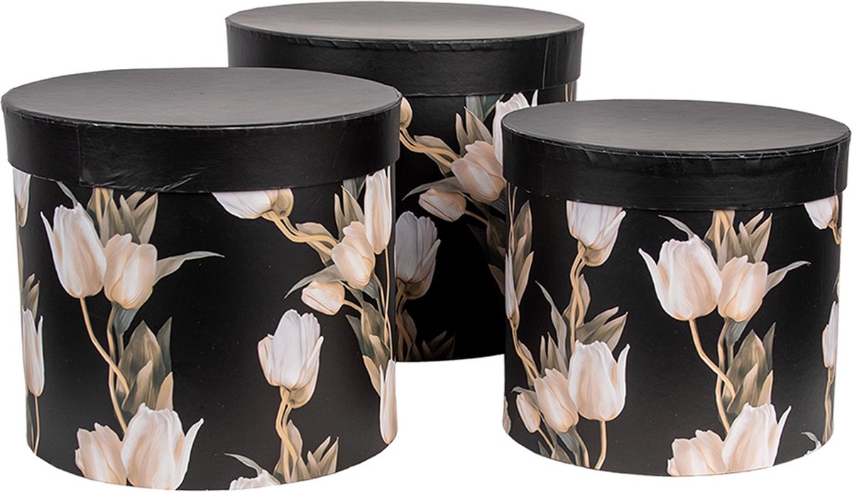 Clayre & Eef Opbergdoos Set van 3 Ø 24x21 / Ø 22x29/ Ø 19x18 cm Zwart Karton Rond Tulpen