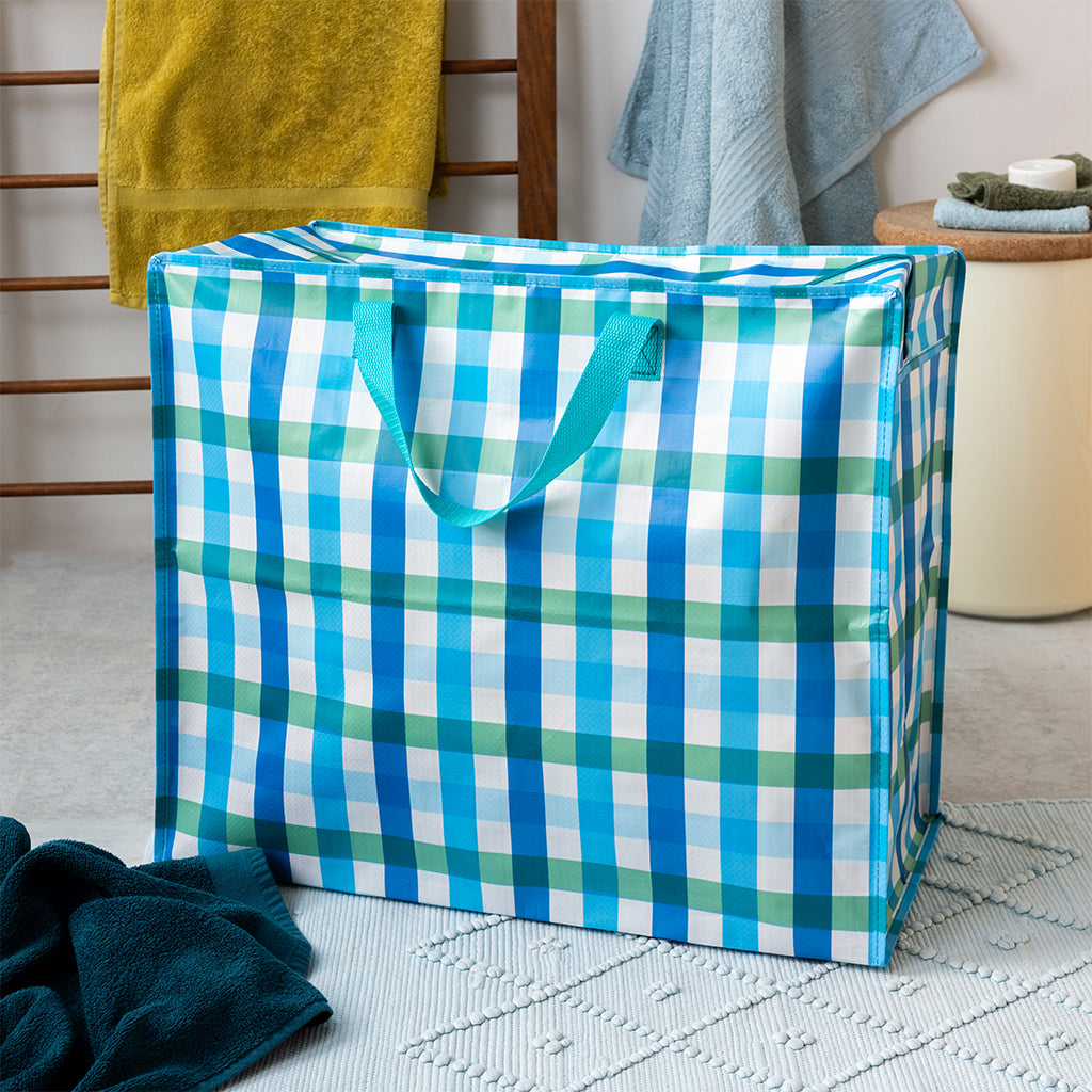 Rex London Jumbo Opbergtas Blue Gingham β XXL Verhuistas met Rits β Grote Opbergzak voor Was, Beddengoed & Opslag