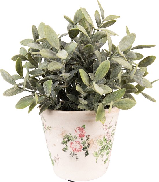 Clayre & Eef Bloempot Ø 12x10 cm Roze Beige Keramiek Rond Bloemen Bloempot binnen Plantenpot Plant pot