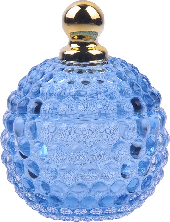 Clayre & Eef Glazen potje Ø 9x11 cm Blauw Glas Potje met deksel Glazen schaaltje
