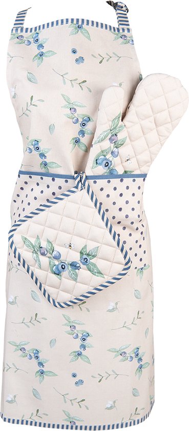 Clayre & Eef Keukenschort 70*85 cm Beige Blauw Katoen Bosbessen BBQ Schort Cadeau voor haar Kookschort