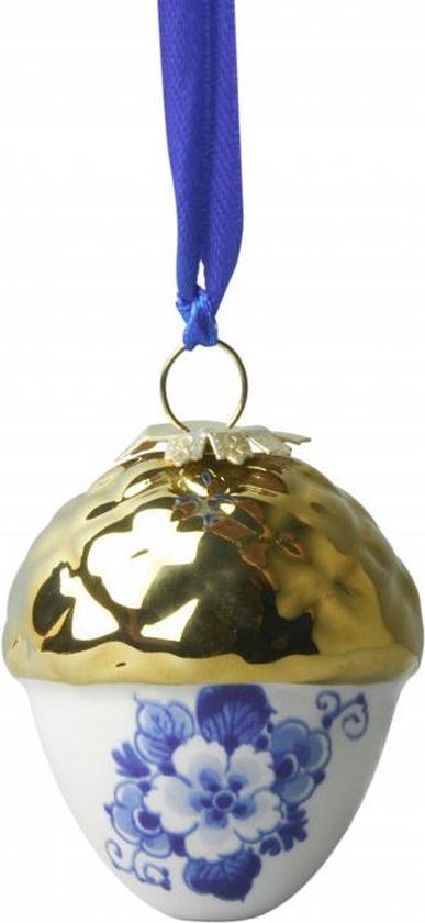 Kerstbal Noot met gouden dopje | 2 stuks | Heinen Delfts Blauw | Kerstversiering | Delfts Blauwe hanger
