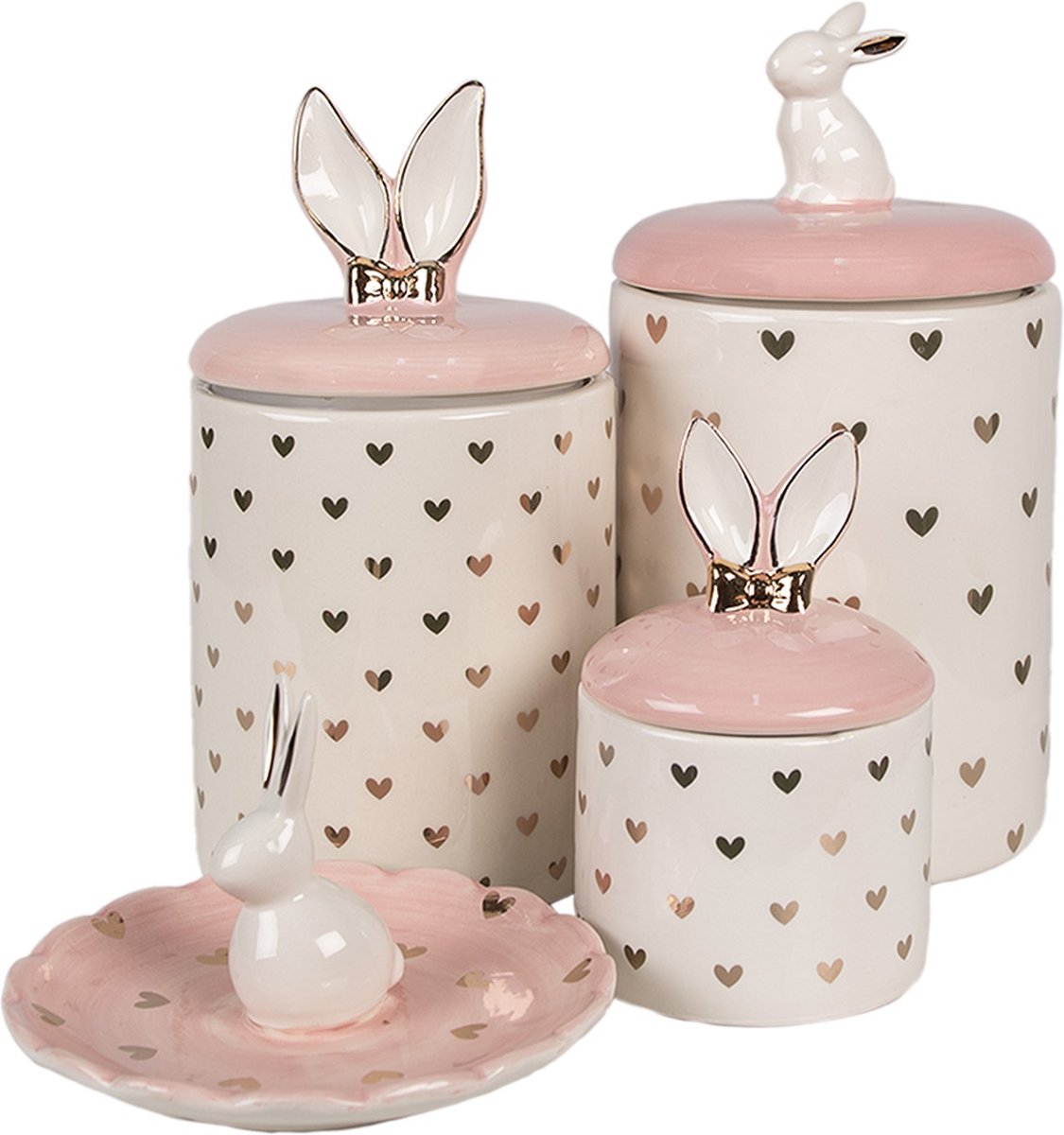 Clayre & Eef Schaaltje Konijn Ø 14x9 cm Roze Keramiek Hartjes Decoratie Schaal