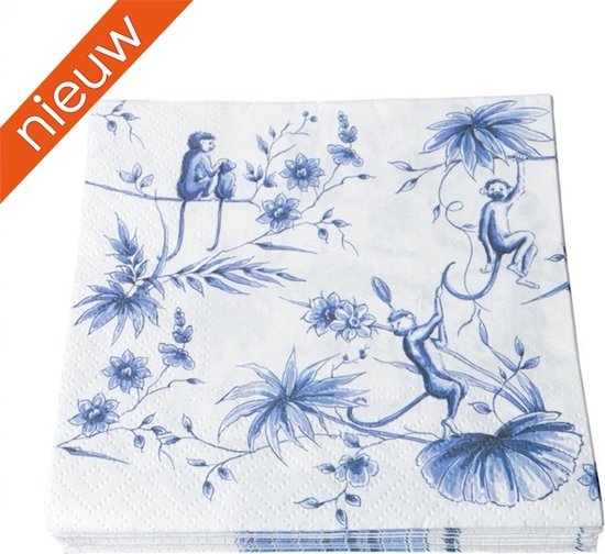Heinen Delfts Blauw - Servetten - Aapjes - Papier - 17 x 17 cm
