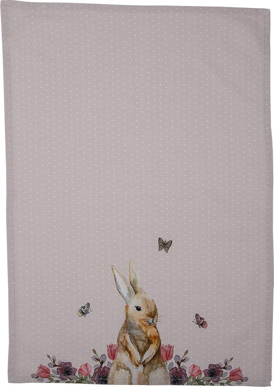 Clayre & Eef Theedoek 50*70 cm Wit Roze Beige Katoen Rechthoek Konijn en bloemen Vaatdoek Keukendoek Schotelvod