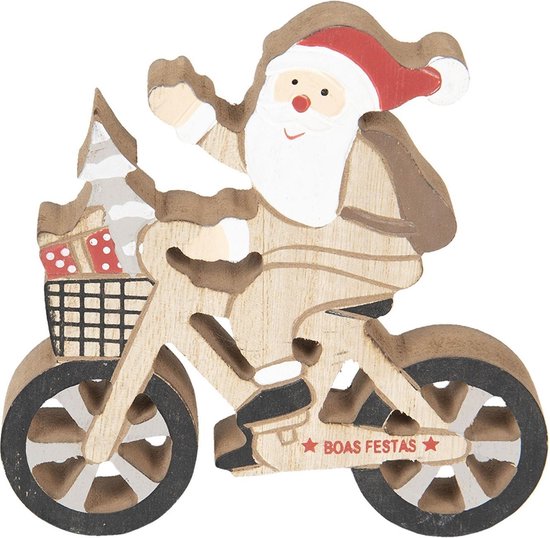 Clayre & Eef Kerstdecoratie Beeld 13*13*2 cm Beige, Rood Hout Decoratief Figuur Decoratieve Accessoires Kerstdecoratie voor Binnen
