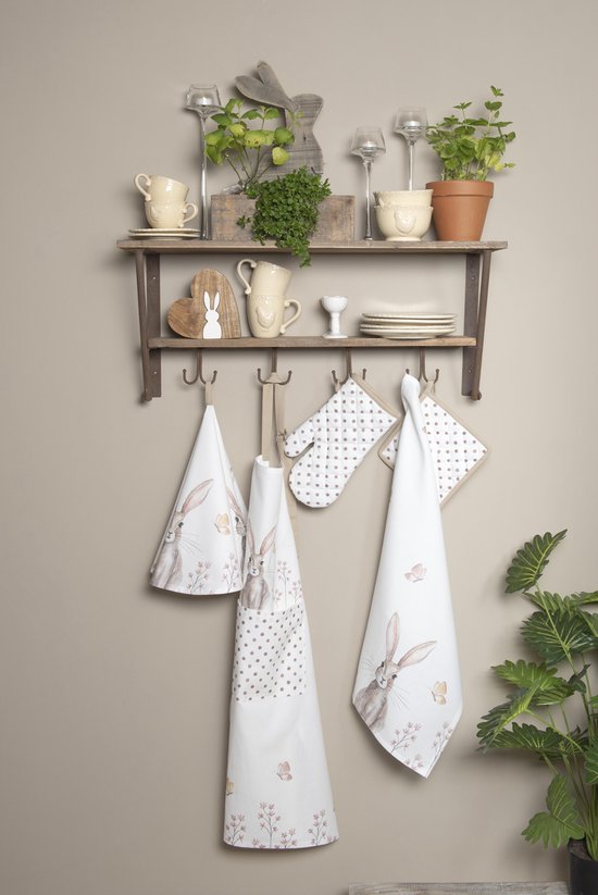 Clayre & Eef Keukenschort 70*85 cm Wit Bruin Katoen Konijn BBQ Schort Cadeau voor haar Kookschort