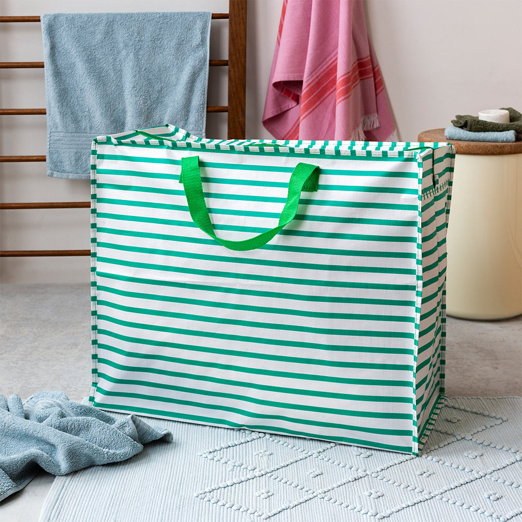 Rex London Jumbo Opbergtas Green Stripes β XXL Verhuistas met Rits β Grote Opbergzak voor Was, Beddengoed & Opslag