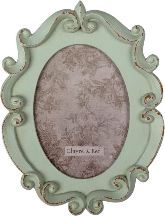 Clayre & Eef Fotolijst 19*2*25 cm / 12*16 cm Turquoise Kunststof, Glas Ovaal Krullen Fotokader Wissellijst Foto Frame