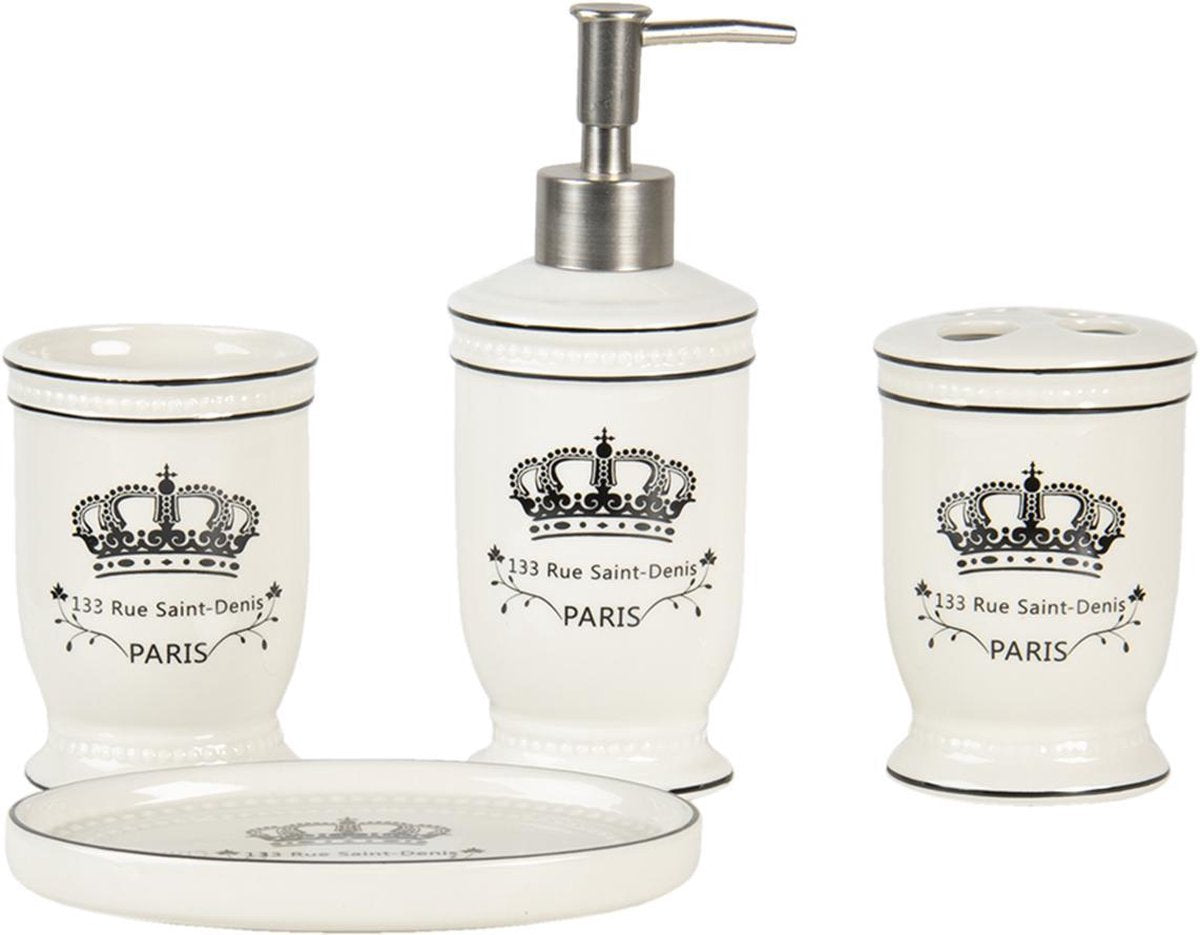 Clayre & Eef Badkamerset Set van 4 Beige Zwart Keramiek Kroon Paris Badkamer Accessoires Set