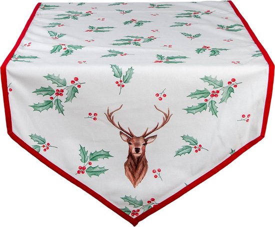 Clayre & Eef Tafelloper Kerst 50*160 cm Wit Rood Groen Katoen Rechthoek Hulstblaadjes, Herthoofd Tafelkleed Loper Tafeltextiel