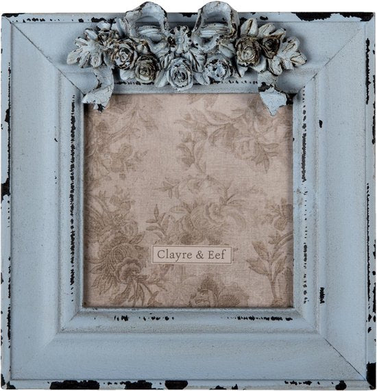 Clayre & Eef Fotolijst 16*2*17 cm / 10*10 cm Blauw MDF, Glas Rechthoek Bloemen Fotokader Wissellijst Foto Frame