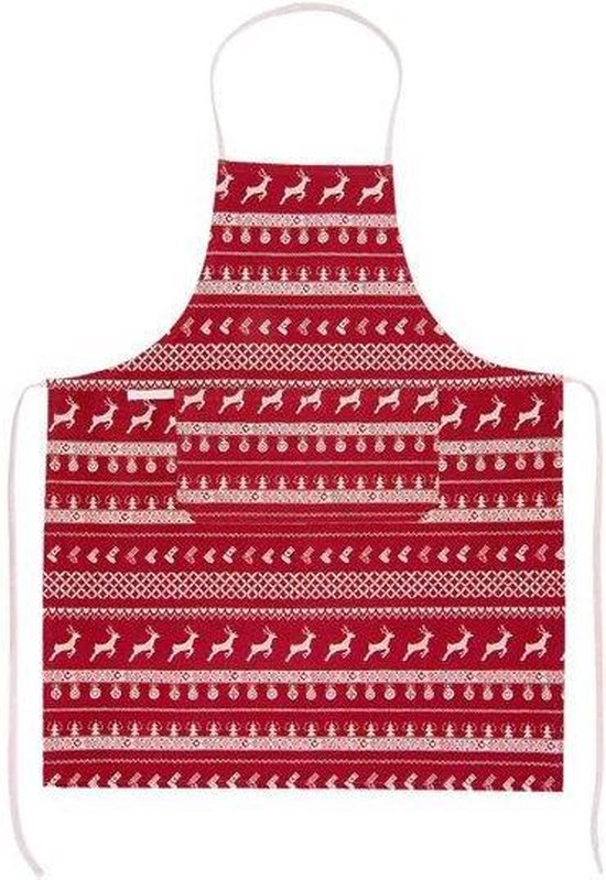 Clayre & Eef Keukenschort 70*85 cm Rood Beige Katoen kerst BBQ Schort Cadeau voor haar Kookschort