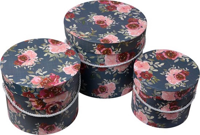Clayre & Eef Opbergdoos Set van 3 Ø 23x20 / Ø 20x17 / Ø 17x14 cm Roze Karton Rond Bloemen
