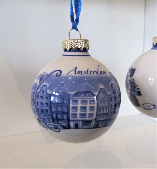 Heinen Delfts Blauw | Kerstbal Amsterdam | Souvenir | Holland | Kerstversiering