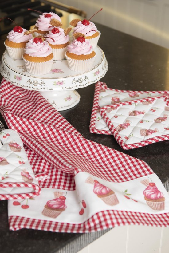 Clayre & Eef Ovenwant 16*30 cm Rood Katoen Cupcake Ovenhandschoen Cadeau voor haar