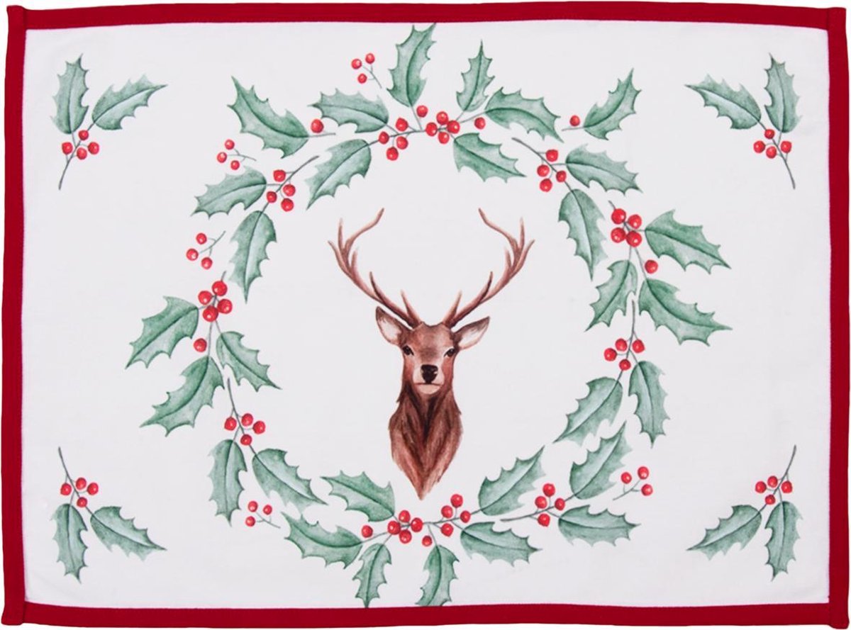 Clayre & Eef Placemats Set van 6 48x33 cm Wit Rood Katoen Rechthoek Hert Hulstbladeren Tafelmat