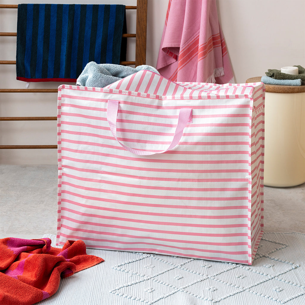 Rex London Jumbo Opbergtas Pink Stripes β XXL Verhuistas met Rits β Grote Opbergzak voor Was, Beddengoed & Opslag