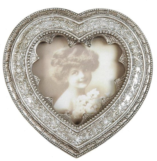 Clayre & Eef Fotolijst Hart 12*12 cm / 9*9 cm Zilverkleurig Kunststof Hartvormig Fotokader Wissellijst Foto Frame