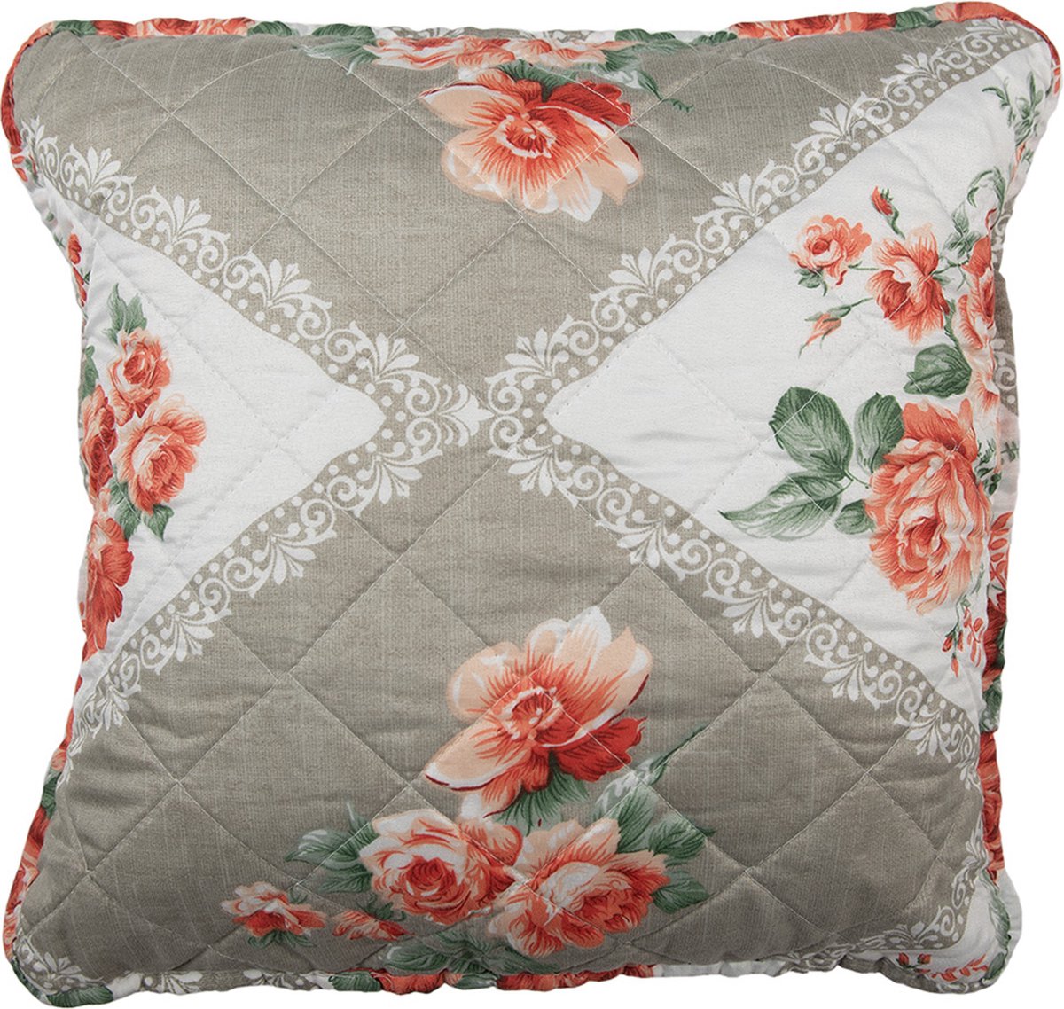 Clayre & Eef Kussenhoes 40x40 cm Grijs Roze Katoen Polyester Bloemen Sierkussenhoes