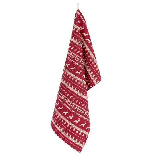 Clayre & Eef Theedoek 50*85 cm Rood Beige Katoen Rechthoek Kerst Vaatdoek Keukendoek Schotelvod