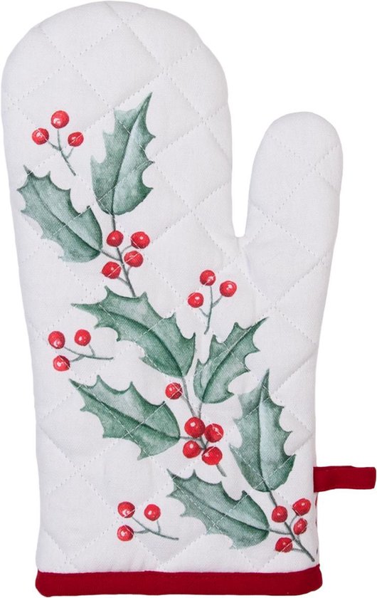 Clayre & Eef Ovenwant 16*30 cm Wit Rood Katoen Hulstblaadjes Ovenhandschoen Cadeau voor haar