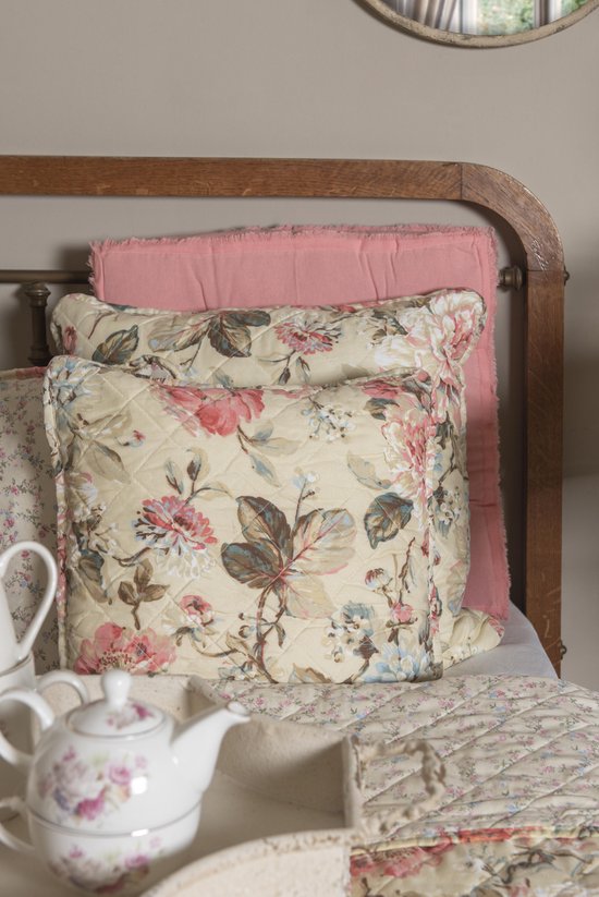Clayre & Eef Kussenhoes 50*50 cm Beige Roze Polyester Katoen Vierkant Bloemen Sierkussenhoes Kussen hoes