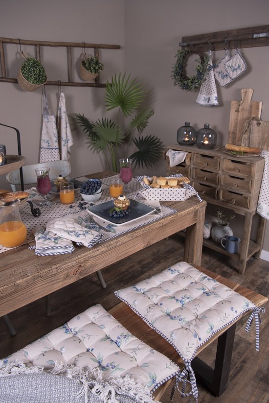Clayre & Eef Keukenschort 70*85 cm Beige Blauw Katoen Bosbessen BBQ Schort Cadeau voor haar Kookschort