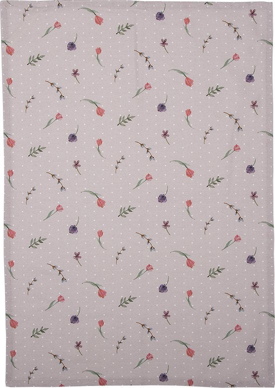 Clayre & Eef Theedoek 50*70 cm Wit Beige Katoen Rechthoek Bloemetjes Vaatdoek Keukendoek Schotelvod