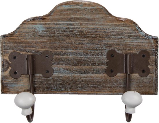Clayre & Eef Wandkapstok 2 haken 25*9*19 cm Bruin Hout Ijzer Decoratieve kapstok