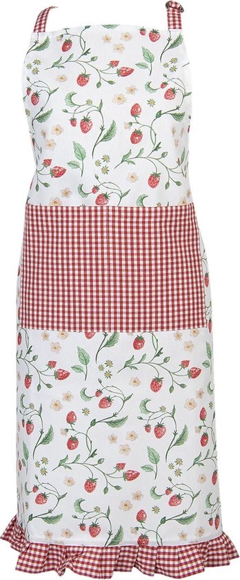 Clayre & Eef Keukenschort 70*85 cm Wit Groen Rood Katoen Aardbeien BBQ Schort Cadeau voor haar Kookschort