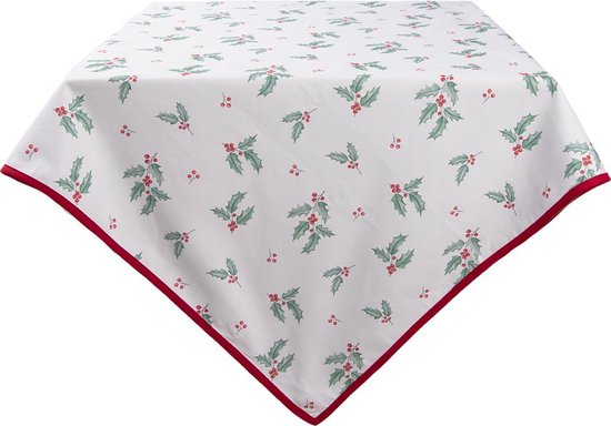 Clayre & Eef Vierkant Tafelkleed 100*100 cm Wit Rood Groen Katoen Vierkant Hulstblaadjes Tafellaken Tafellinnen Tafeltextiel