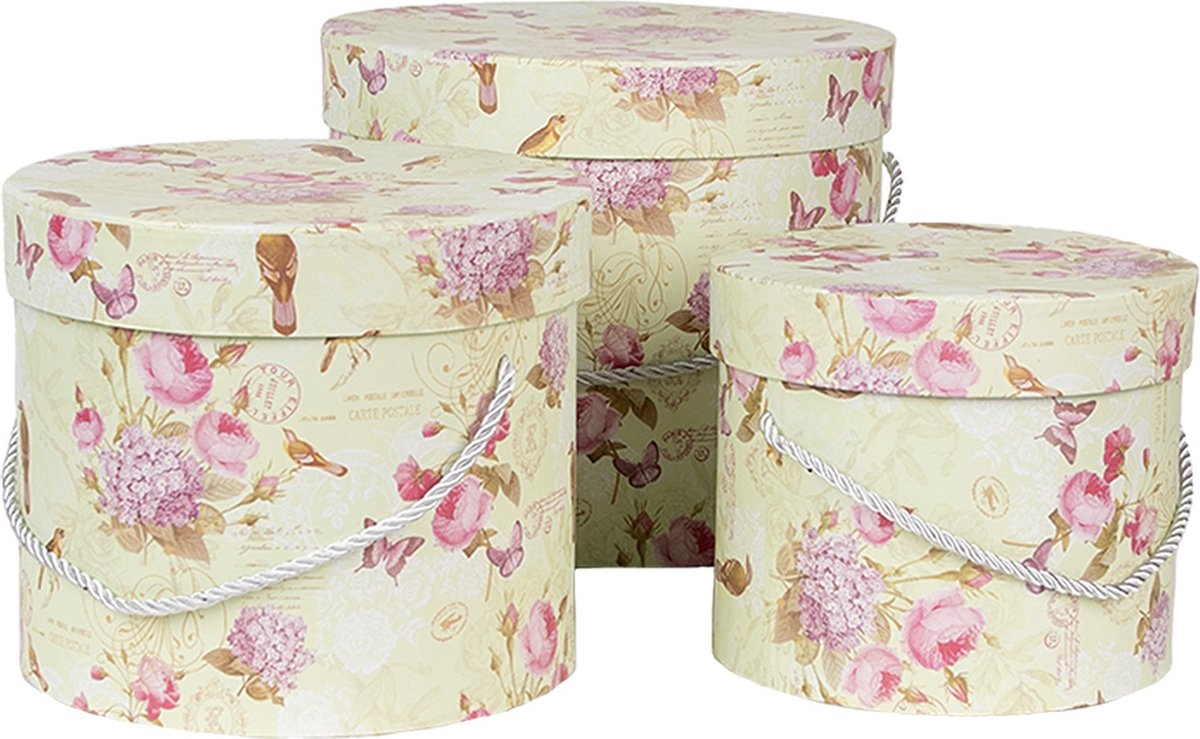 Clayre & Eef Opbergdoos Set van 3 23x20 / Ø 20x17 / Ø 17x14 cm Groen Karton Bloemen