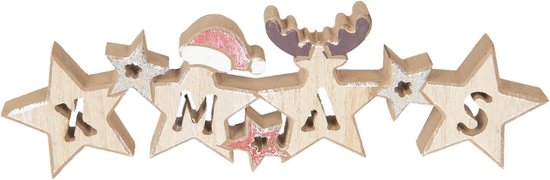 Clayre & Eef Kerstdecoratie Beeld Ster 30*9*2 cm Beige Hout Decoratief Figuur Decoratieve Accessoires Kerstdecoratie voor Binnen
