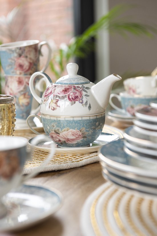 Clayre & Eef Tea for One 16*10*14 cm / 400 ml / 250 ml Blauw Wit Porselein Bloemen Theepot set Cadeau voor haar Theepot met Kopje
