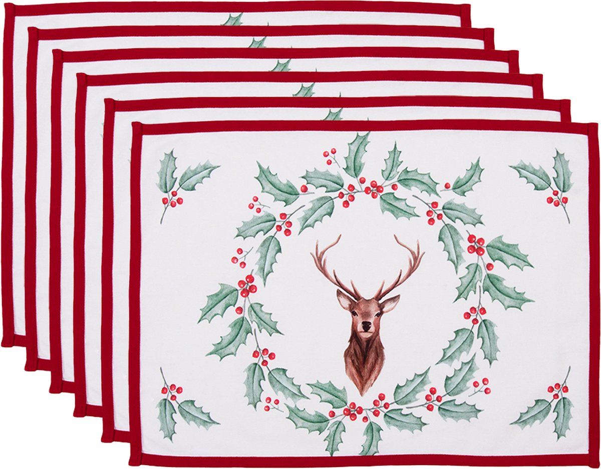 Clayre & Eef Placemats Set van 6 48x33 cm Wit Rood Katoen Rechthoek Hert Hulstbladeren Tafelmat