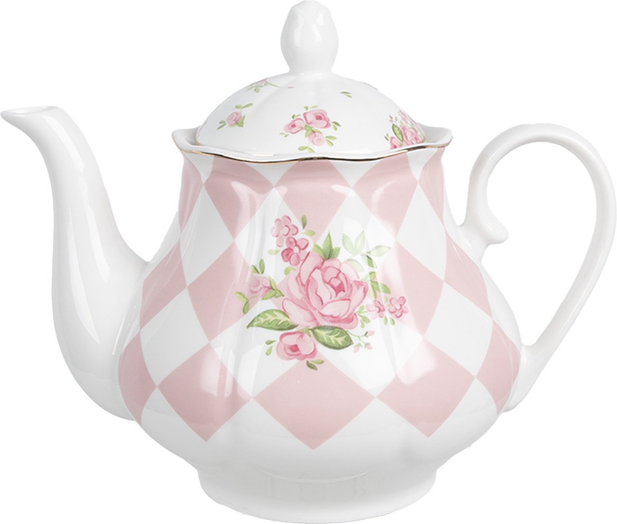 Clayre & Eef Theepot 1000 ml Roze Wit Porselein Rozen