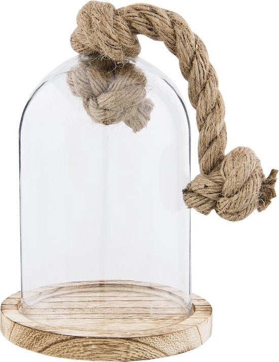 Clayre & Eef Stolp Ø 12*16 cm Transparant Hout, Glas Rond Touw Glazen Stolp Stolp op Voet