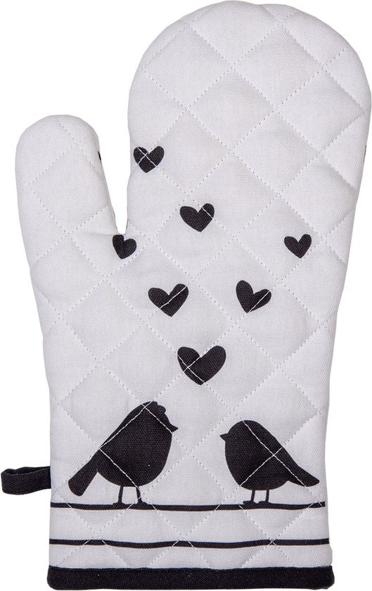 Clayre & Eef Ovenwant 18*30 cm Wit Zwart Katoen Vogeltjes Ovenhandschoen Cadeau voor haar