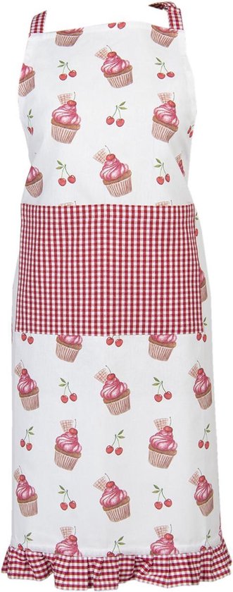 Clayre & Eef Keukenschort 70*85 cm Rood Roze Katoen Cupcakes BBQ Schort Cadeau voor haar Kookschort