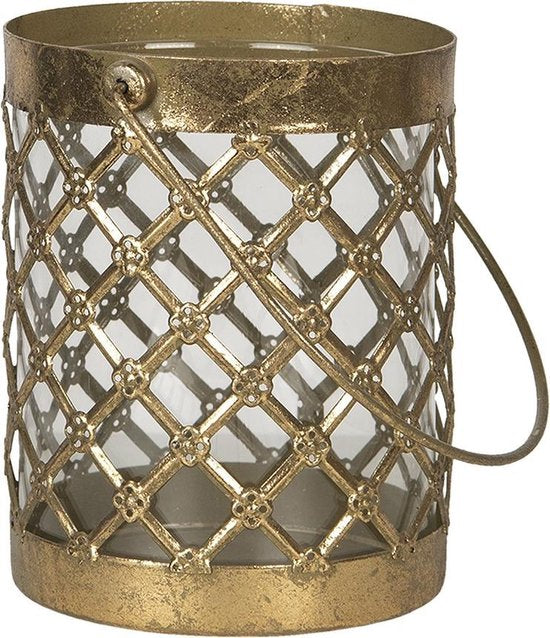 Clayre & Eef Theelichthouder Ø 13*16 cm Goudkleurig Ijzer Glas Rond Waxinelichthouder Windlichthouder