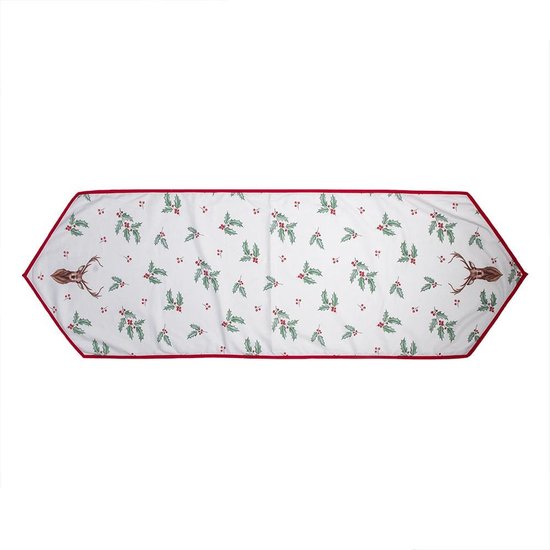 Clayre & Eef Tafelloper Kerst 50*160 cm Wit Rood Groen Katoen Rechthoek Hulstblaadjes, Herthoofd Tafelkleed Loper Tafeltextiel
