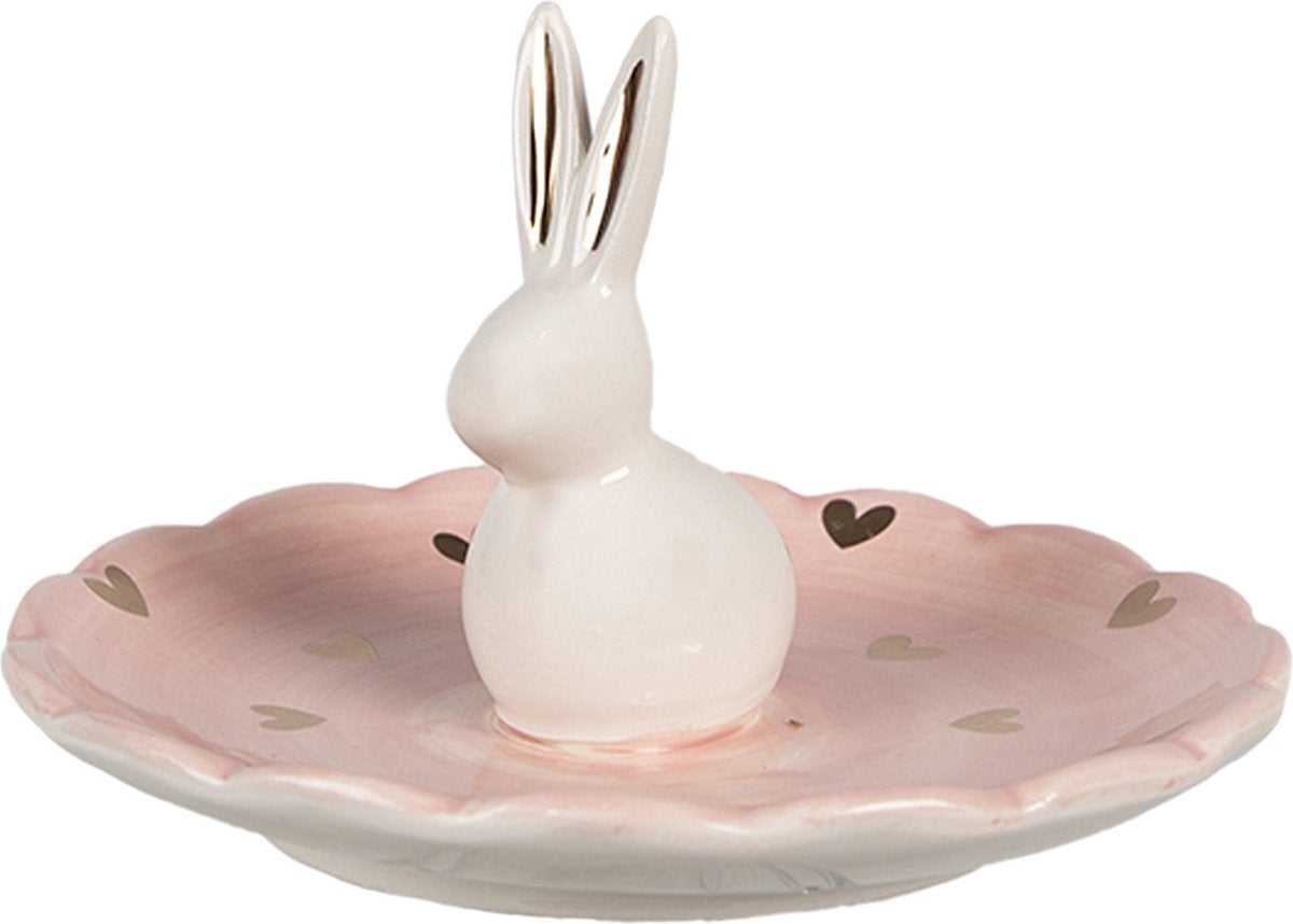 Clayre & Eef Schaaltje Konijn Ø 14x9 cm Roze Keramiek Hartjes Decoratie Schaal