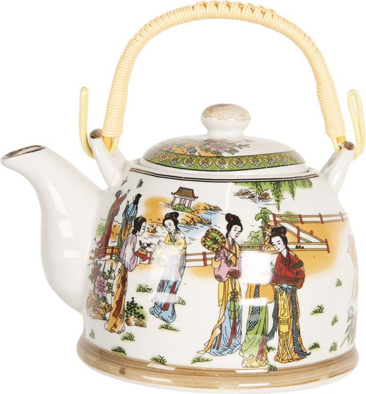 Clayre & Eef Theepot met Filter 800 ml Meerkleurig Porselein Rond Theekan Cadeau voor haar Chinese Theepot