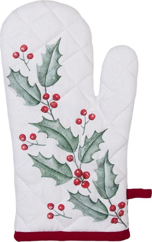 Clayre & Eef Ovenwant 16*30 cm Wit Rood Katoen Hulstblaadjes Ovenhandschoen Cadeau voor haar