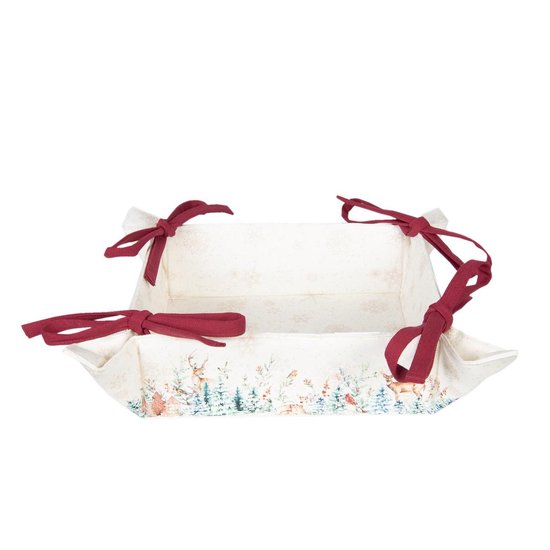 Clayre & Eef Broodmand 35*35*8 cm Creme Bruin Rood Groen 100% Katoen Vierkant Kerst en hert Broodmandje Bread Basket