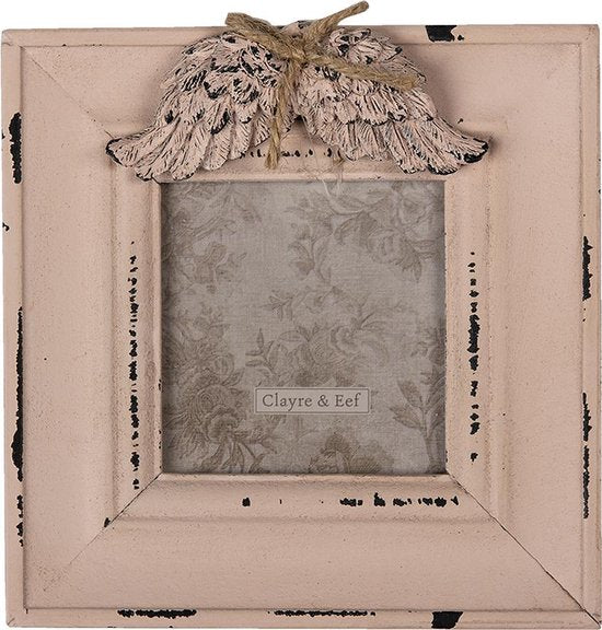 Clayre & Eef Fotolijst 14*2*14 cm / 7*7 cm Roze MDF Glas Vleugels Fotokader Wissellijst Foto Frame